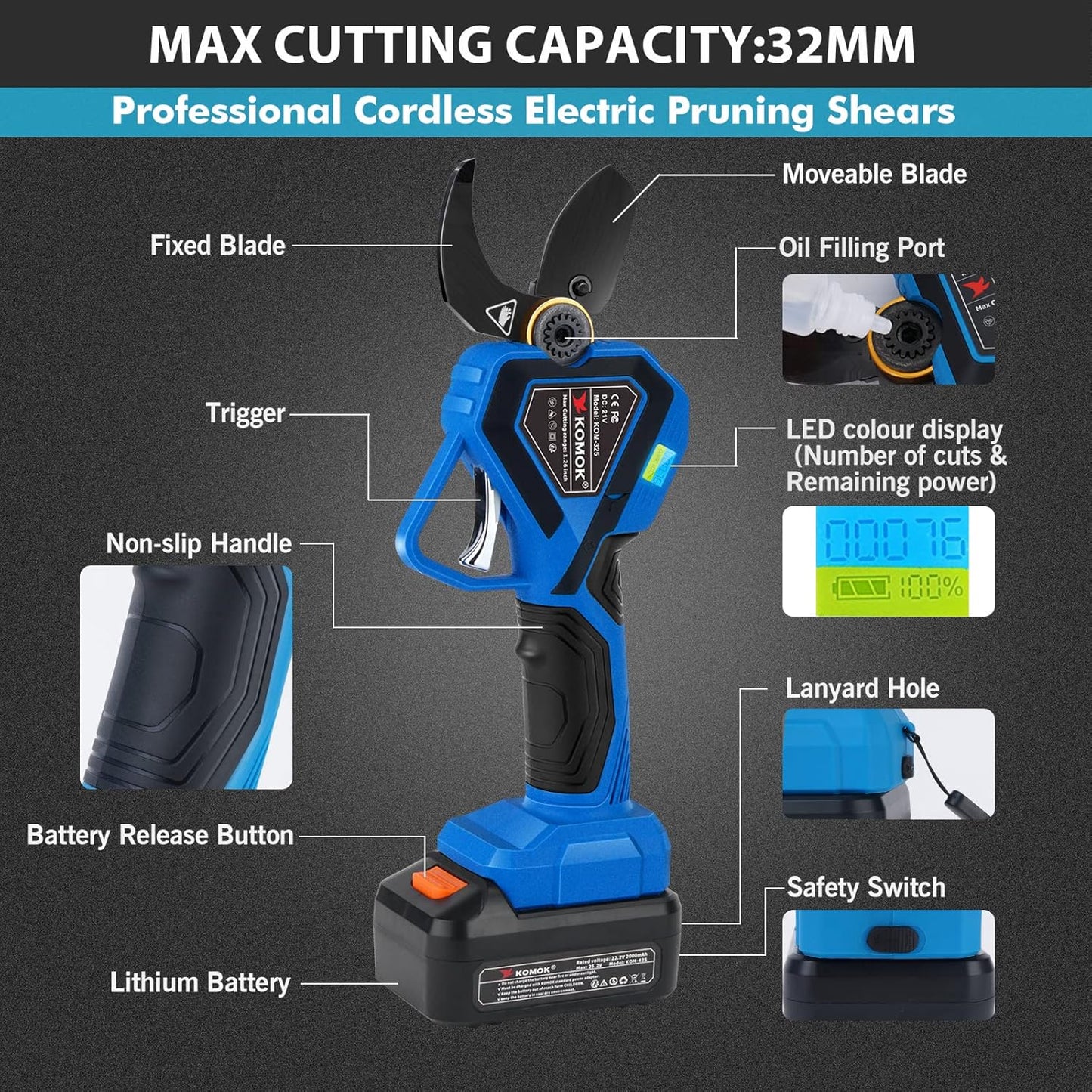 Electric Pruning Shears, Professional Cordless Electric Pruner, Battery Powered Tree Branch Cutter with 2Pcs 2Ah Battery, 1.26 Inch Cutting Diameter, up to 10 Working Hours