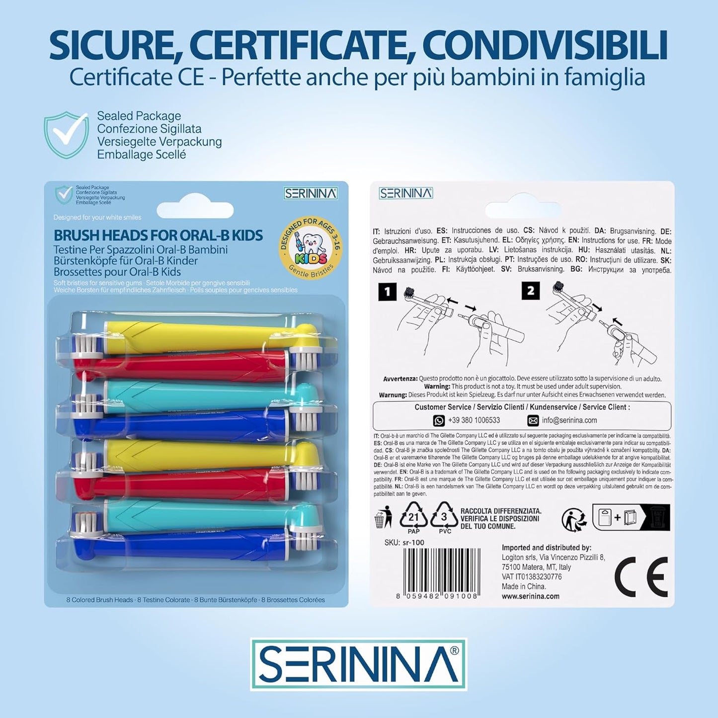 8 Testine per Oral B Bambini 3-16 Anni, per Spazzolino Elettrico Oral B Bambini, Bambine, Kids, Junior - Certificate CE